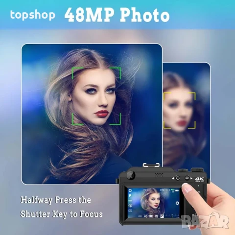 Цифрова фотокамера TEKXDD, 4K Vlog камера, 64GB SD, 18X увеличение, двойна камера предна и задна..., снимка 2 - Камери - 50542377