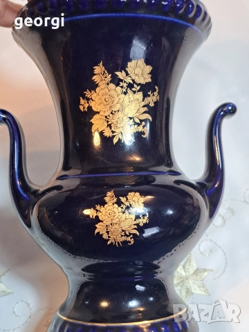 немска порцеланова ваза Bareuther кобалт с позлата М1, снимка 3 - Вази - 52983124
