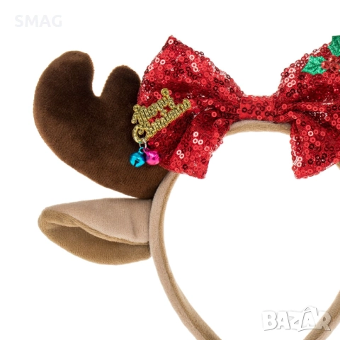 Коледни еленски рога червени с панделка и пайети_1227260, снимка 2 - Шноли, диадеми, ленти - 52709437