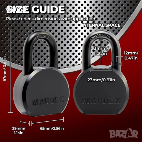 Тежкотоварен катинар Maudex® PML65 - висока сигурност със скоба от борна сплав, с 5 ключа, снимка 2 - Други стоки за дома - 48836115