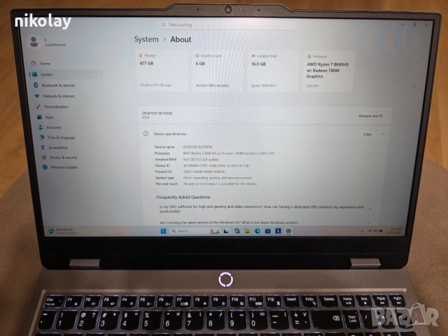Лаптоп Lenovo LOQ 15AHP9, AMD Ryzen 7 8845HS, NVIDIA RTX 4050 6GB, снимка 8 - Лаптопи за игри - 52630608