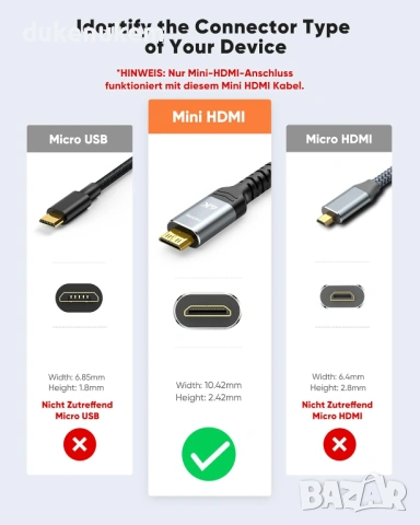 Mini HDMI към HDMI кабел 3 м – 4K 60Hz, найлонова оплетка, снимка 4 - Кабели и адаптери - 53333554