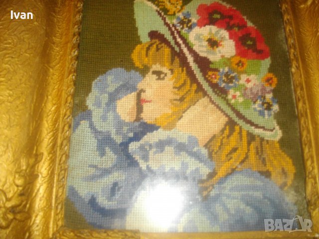 Стар/Старинен DMC Гоблен-Ръчно Нашиван-Германия-Рамкиран-Гипс-460х390мм-Момиче С Боне-ОТЛИЧЕН, снимка 10 - Гоблени - 37088937