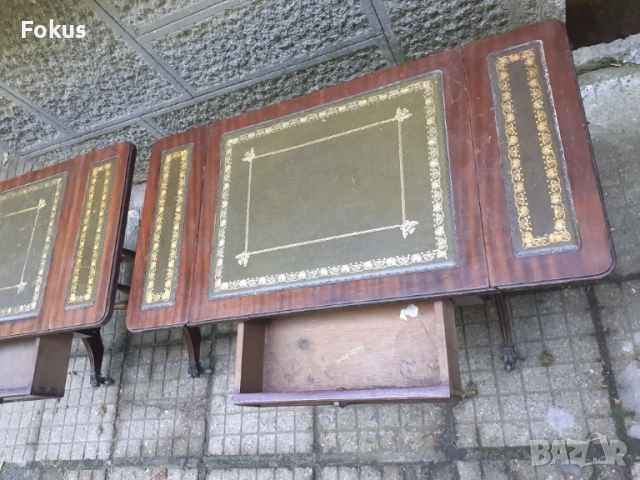 Две винтич масички от махагон със зелена кожа и златен лист, снимка 4 - Антикварни и старинни предмети - 51498142