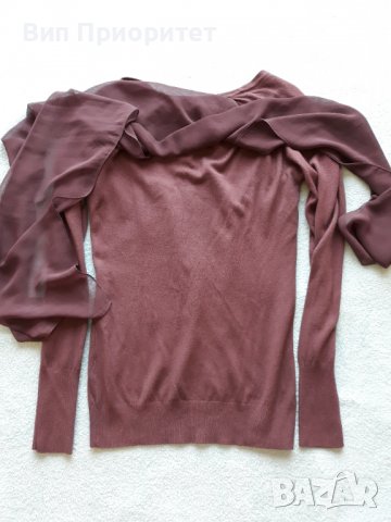 Меко плетиво с вграден фин шал от същия цвят-лилав издържан тъмен цвят, дълъг ръкав, ефектен модел, снимка 6 - Блузи с дълъг ръкав и пуловери - 37417986