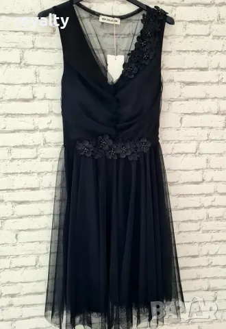 Дамска черна официална рокля от тюл и цветчета