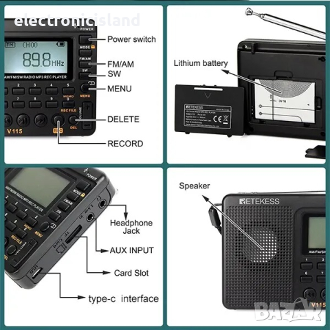 Портативно радио Retekess V115 AM/FM транзистор с MP3 и слот за TF карта, снимка 11 - Радиокасетофони, транзистори - 44884156