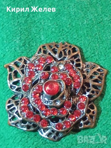 СТАРО БРОНЗОВО ФЛОРАЛНО УКРАШЕНИЕ БРОШКА с ГРАНАТИ ЧЕРВЕНИ КАМЪНИ КРИСТАЛИ 15350