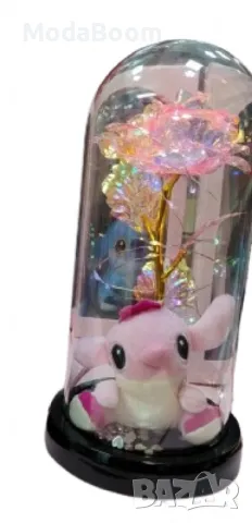 Пластмасова роза с кристален ефект в стъклен купол със Стич и LED светлини, снимка 4 - Лед осветление - 48846197