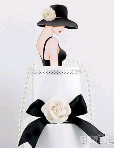 Жена Дама в черно със шапка и пандела пластмасов топер украса декор торта, снимка 2 - Други - 51347042