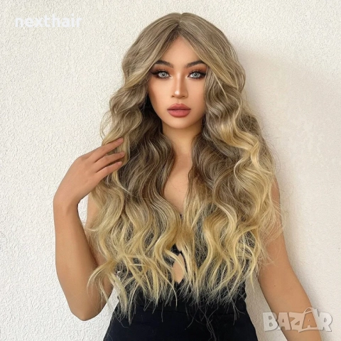 Чуплива перука 70 см с омбре ефект - кафяво с руси краища и дълъг бретон, снимка 6 - Аксесоари за коса - 52493637