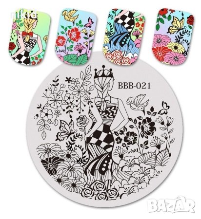BeautyBigBang BBB-021 Дама в цветя кръгъл Шаблон за щампа печати за нокти плочка, снимка 1 - Продукти за маникюр - 26485426