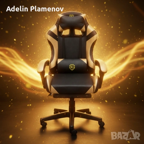Геймърски стол с масажна функция, лумбална възглавница и поставка за крака – Черен-златист, снимка 2 - Столове - 53483851