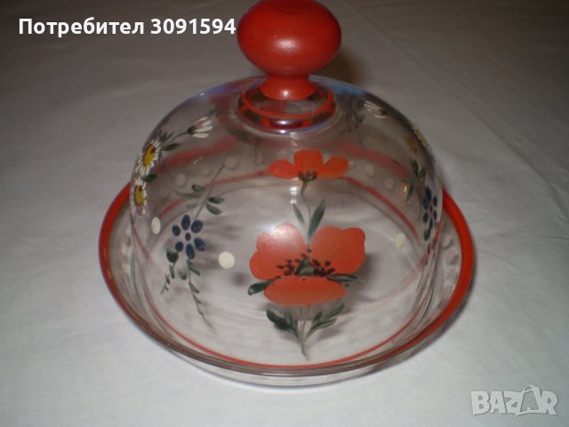 Ретро Ръчно рисувана стъклена чиния с капак , снимка 3 - Други ценни предмети - 40208947