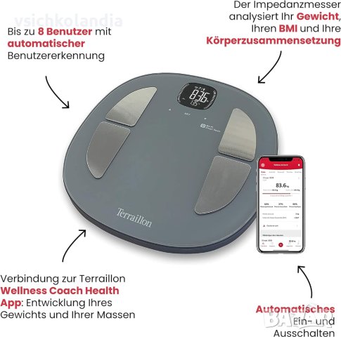 Везна за импеданс TERRAILLON 14710 Wi-Fi свързана, 4 сензора, приложения "MyHealth" (код 734), снимка 4 - Друга електроника - 43020031
