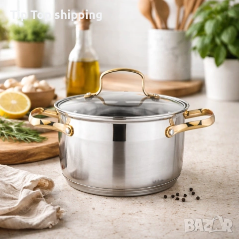 Луксозен комплект тенджери с неръждаема стомана и златисти дръжки – перфектният избор за всяка кухня, снимка 2 - Съдове за готвене - 53065016