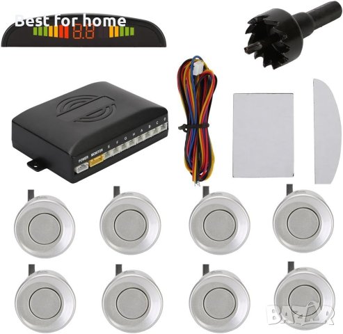 Сензор за паркиране на заден ход с 8 сензора за паркиране отпред, 4 отзад, 4 LED дисплея-сив