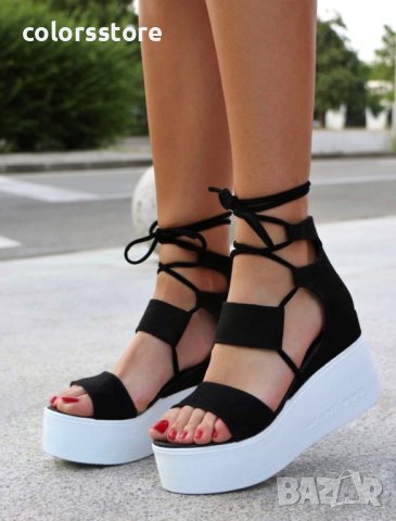Сандали на платформа - черен велур с бяло ходило - 307