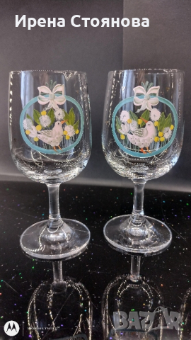 Комплект от уникални, ръчно  рисувани, тънкостенни, кристални чаши за вино. Декор птици, снимка 3 - Чаши - 44890964