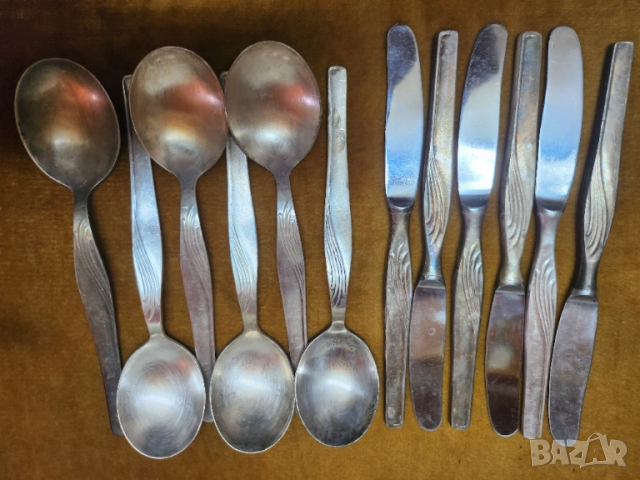 лъжици и ножове от мелхиор, мод. "Прилив", СССР, 2 х 6 броя, ново състояние, тежки/солидни