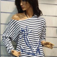 Нова дамска моряшка блуза с паднало рамо, трансферен печат Котва, снимка 10 - Блузи с дълъг ръкав и пуловери - 28375572
