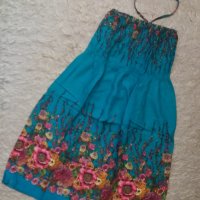 Тюркоазена рокля на цвета с ластично деколте тип бюстие, снимка 1 - Рокли - 37717259