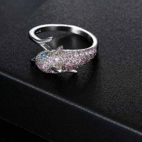 Сребърен пръстен делфин с розови сапфири, снимка 3 - Пръстени - 32502516
