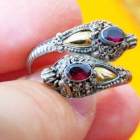 стар дамски сребърен пръстен, стар османски сребърен пръстен с орнаменти, рубини и позлата, турски, снимка 4 - Пръстени - 37692193