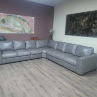 Голям сив кожен ъглов диван, снимка 1 - Дивани и мека мебел - 43290361