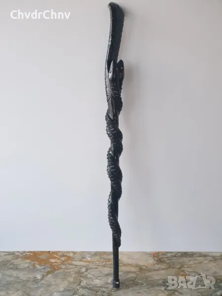Стар антикварен дървен бастун/змия-кобра/ръчна дърворезба 92см, снимка 1