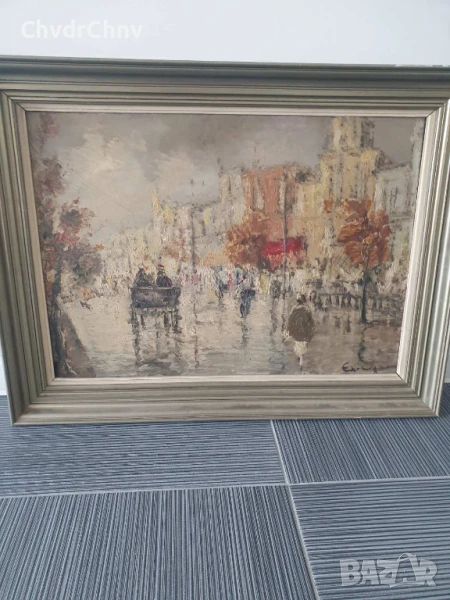 84х65см/голяма стара картина масло върху фазер/градски пейзаж-карета/дървена рамка, снимка 1