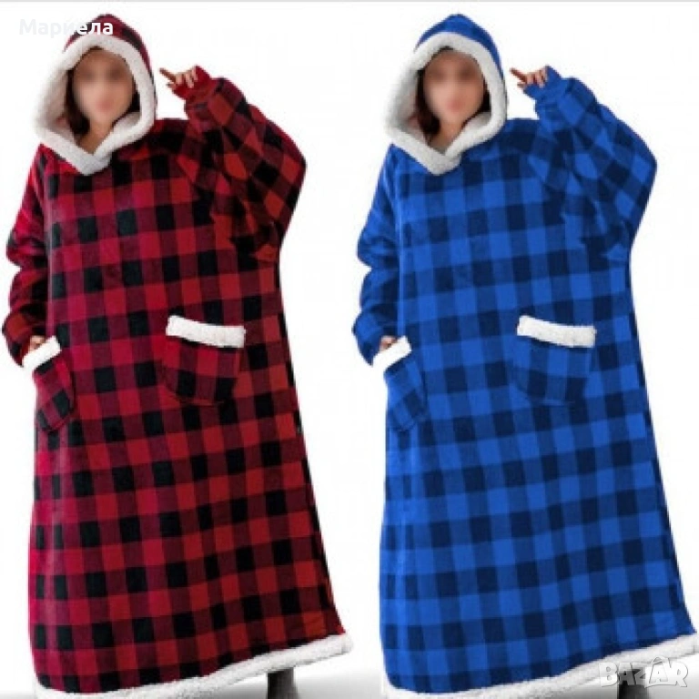 Одеяло с качулка / Дълго одеяло за носене, с джобове/ Цвят: син, червен/ Дължина: 1.08метра, снимка 1