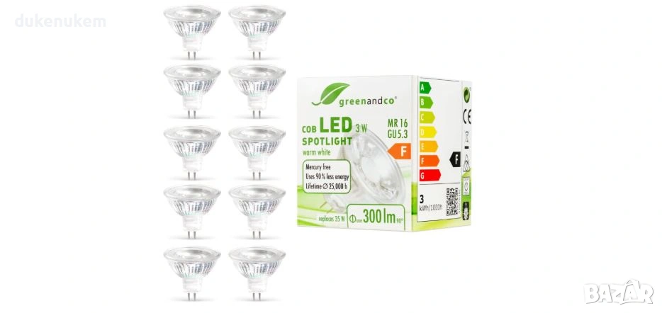 LED крушки GU5.3 3W, MR16, топлобяло, 38° 12V, 10 бр, снимка 1