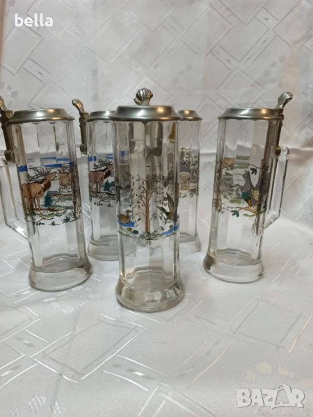Немски стари стъклени масивни халби 5 броя с животни ,доста масивни 23 см височина., снимка 1