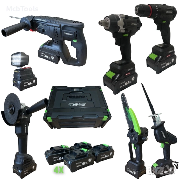 Комплект 7 акумулаторни машини с 4 батерии и 30 части в куфар StahlMayer, снимка 1