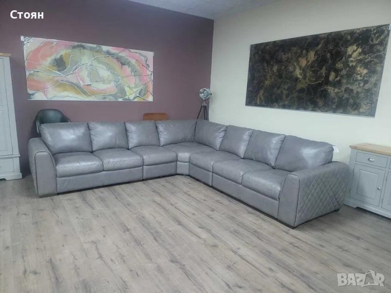 Голям сив кожен ъглов диван, снимка 1