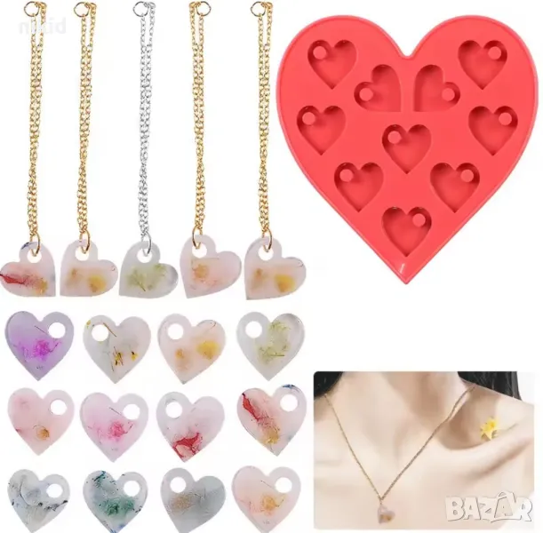 10 плоски сърца сърце с дупка висулка силиконов молд форма фондан шоколад гипс смола бижу таг декор, снимка 1