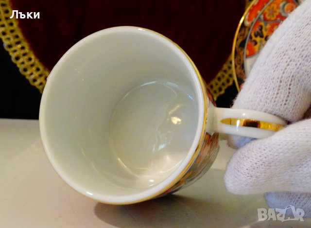 Чаша с чиния японски порцелан Eiwa Kinsei,злато,пауни. , снимка 6 - Антикварни и старинни предмети - 37925311