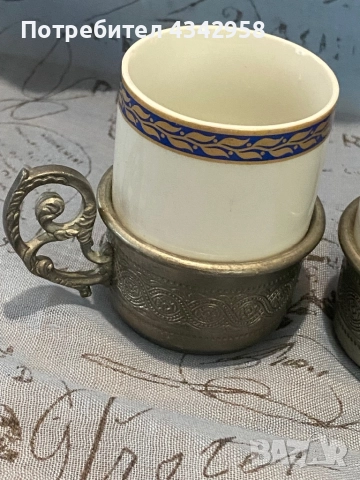 K.Kronester.1960 г.2 антични порцеланови чаши с калаена поставка., снимка 2 - Антикварни и старинни предмети - 52072186