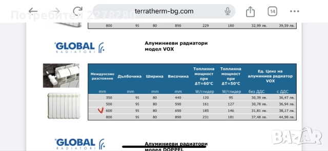 Нов алуминиев радиатор Global VOX H600 + окомплектовка, снимка 4 - Други стоки за дома - 52460632