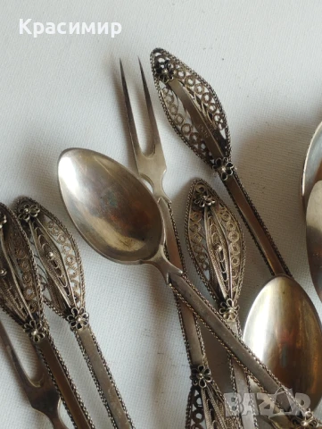   6 вилички СРЕБЪРНИ с филигранна дръжка проба 800, 6 лъжички посребрени,обаче филиграна е сребърен , снимка 10 - Антикварни и старинни предмети - 51413524