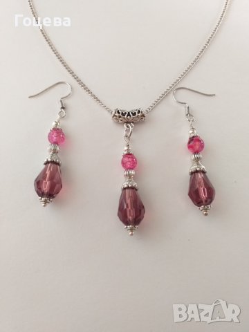 Красив комплект бижута обеци и колие с кристали бордо и Ахат Драконови вени, снимка 5 - Бижутерийни комплекти - 38492881