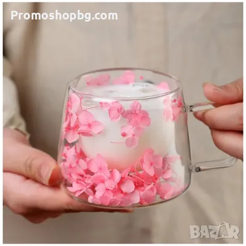 ПРОМОЦИЯ! Двустенна Стъклена чаша със сухи цветя, боросиликатно стъкло, 180 мл, снимка 6 - Чаши - 49090153