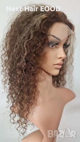 Естествена афро къдрава перука от 100% човешка коса - кафява с руси кичури, 13x4 дантела, снимка 4 - Аксесоари за коса - 53294521