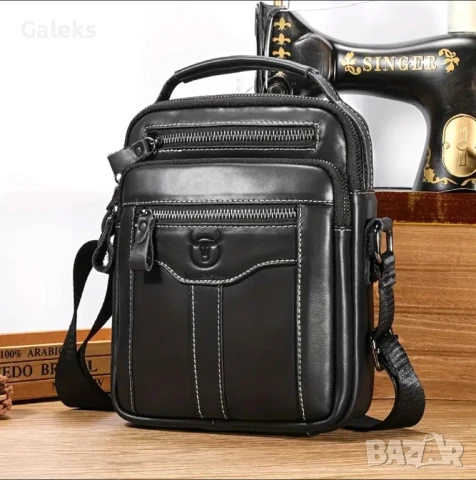 Мъжка елегантна кожена чанта Bullcaptain /Черна естест. кожа!