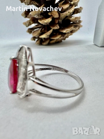 Сребърен пръстен със синтетичен рубин, снимка 9 - Пръстени - 53438219