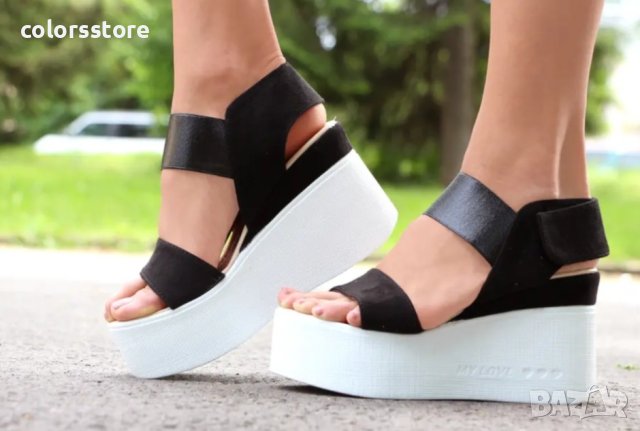Сандали на платформа - черен велур, бяло ходило - 557, снимка 2 - Сандали - 40882441