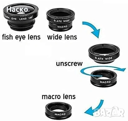 Комплект от 3 броя обективи за телефон Fish eye, снимка 4 - Обективи и филтри - 53441850