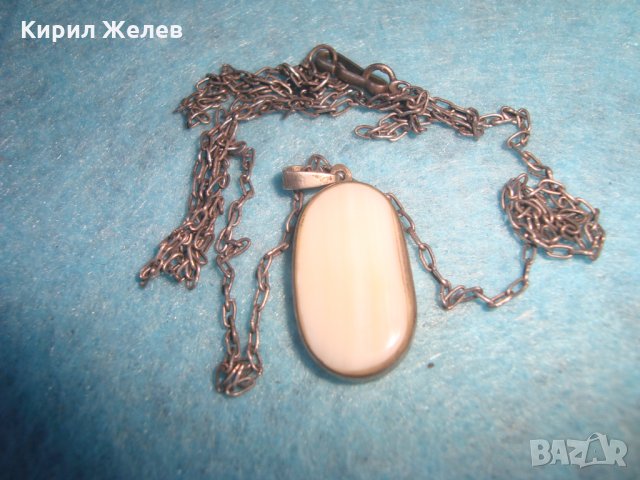 СТАРИННО СРЕБЪРНО КОЛИЕ МДАЛЬОН с ВЕРИЖКА с БЯЛ ШЛИФОВАН ЮВЕЛИРНО ИВИЧЕСТ АХАТ АРТ ДЕКО БИЖУ 26441, снимка 4 - Антикварни и старинни предмети - 34631543
