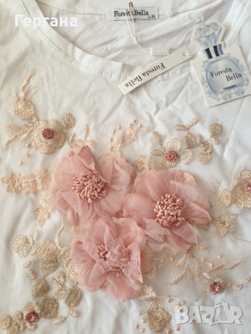 Бяла блуза с перли и дантела , снимка 2 - Тениски - 37832503